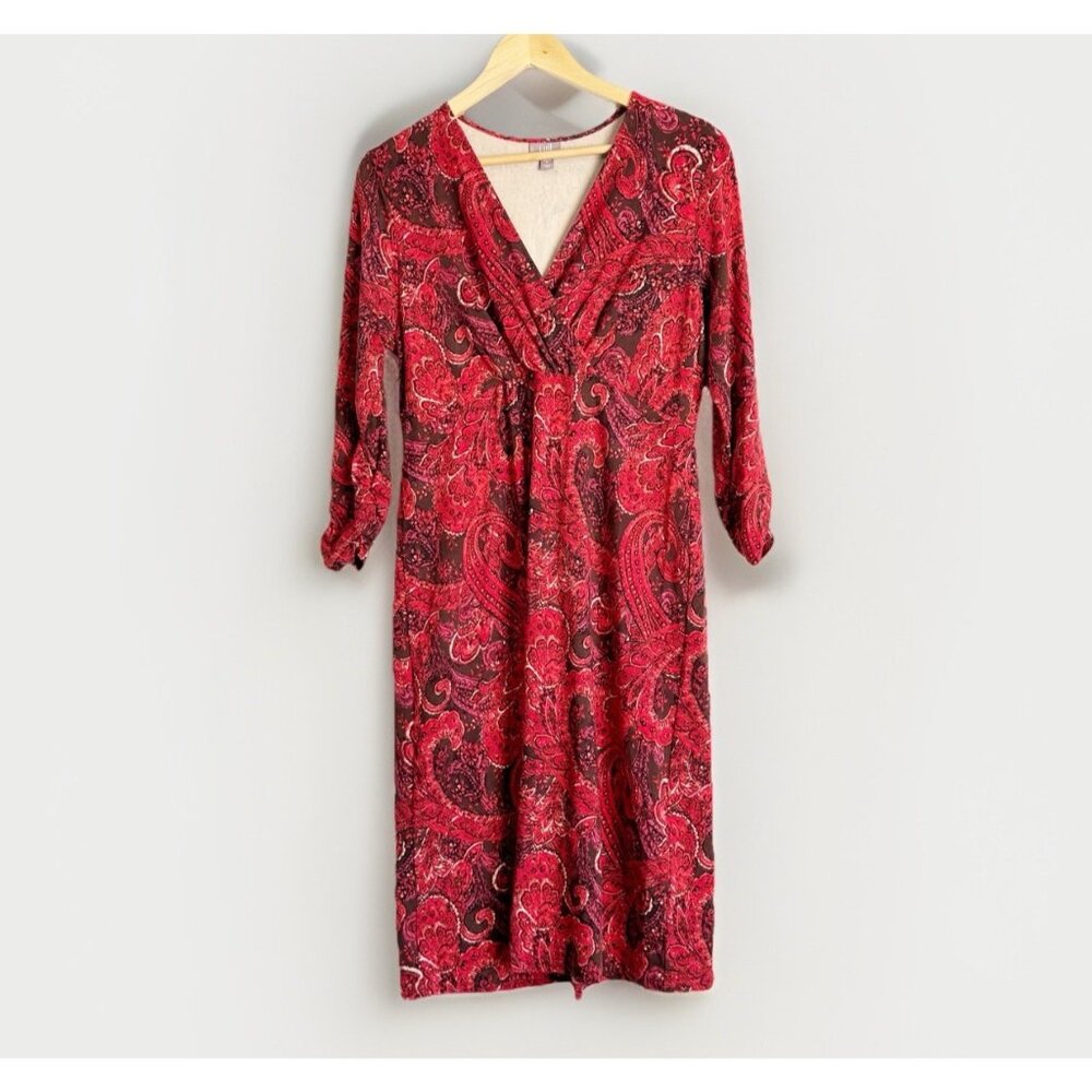 J.Jill Red Paisley V-Neck Wrap Style Midi Dress Women’s Medium Long Sleeve